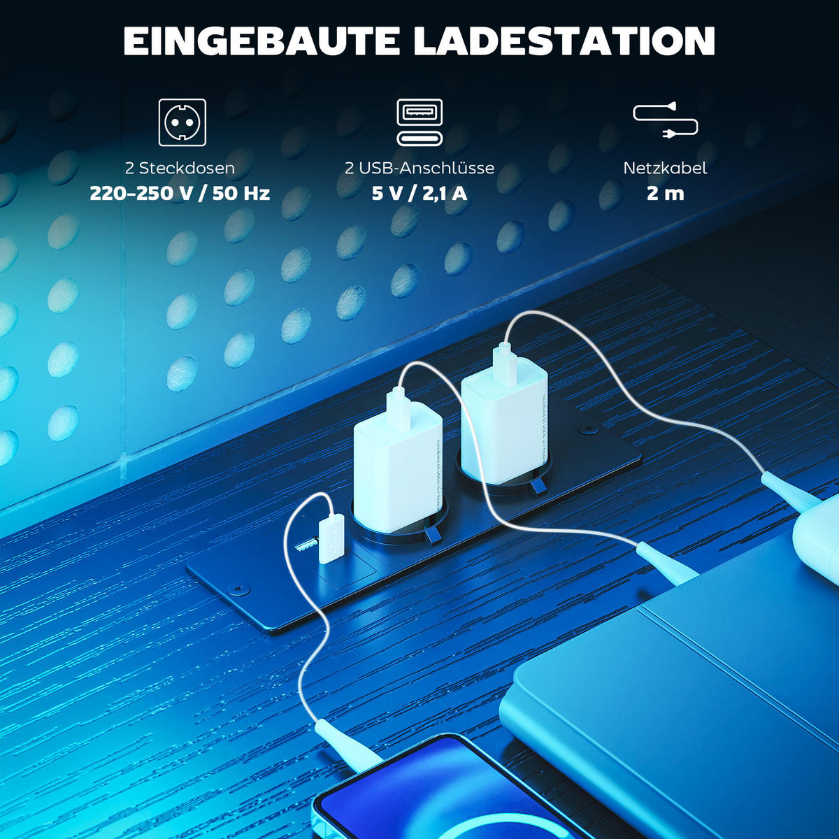 GAMING Tisch L-förmiger 165 x 80 cm Schreibtisch mit LED & Steckdosen 2 Schublad - Schwarz, Holzwerkstoff/Textil (165/80/91.5cm) - HOMCOM