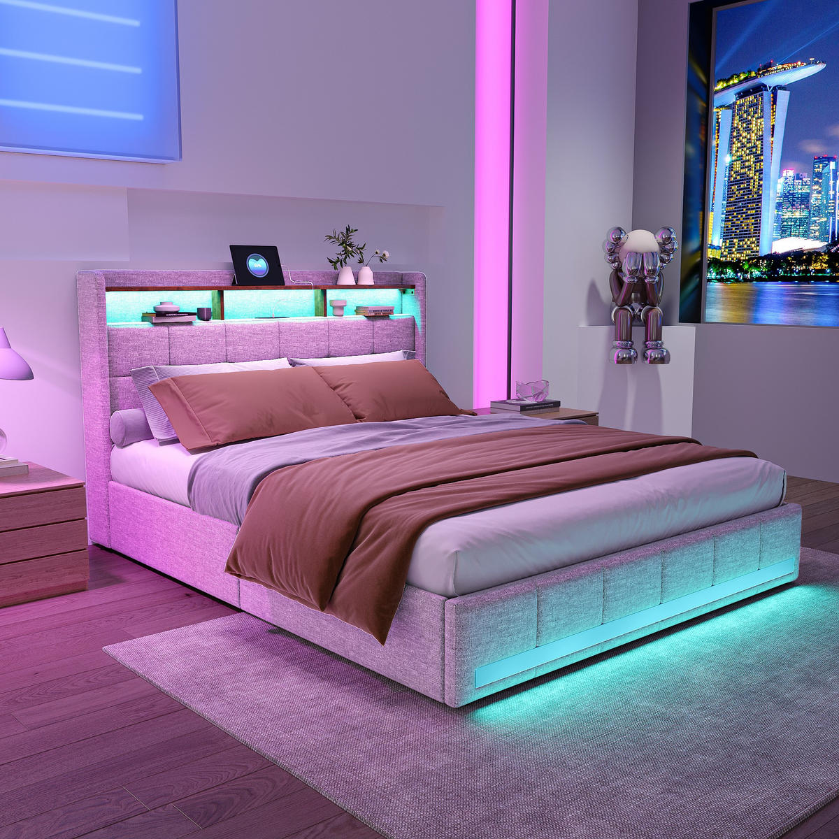 POLSTERBETT 140x200 cm "Aura" mit 4 Schubladen - LED-Beleuchtung & USB-Anschlüssen - Leinen-Optik - Beige - Beige, Textil (140/200cm) - DELFA