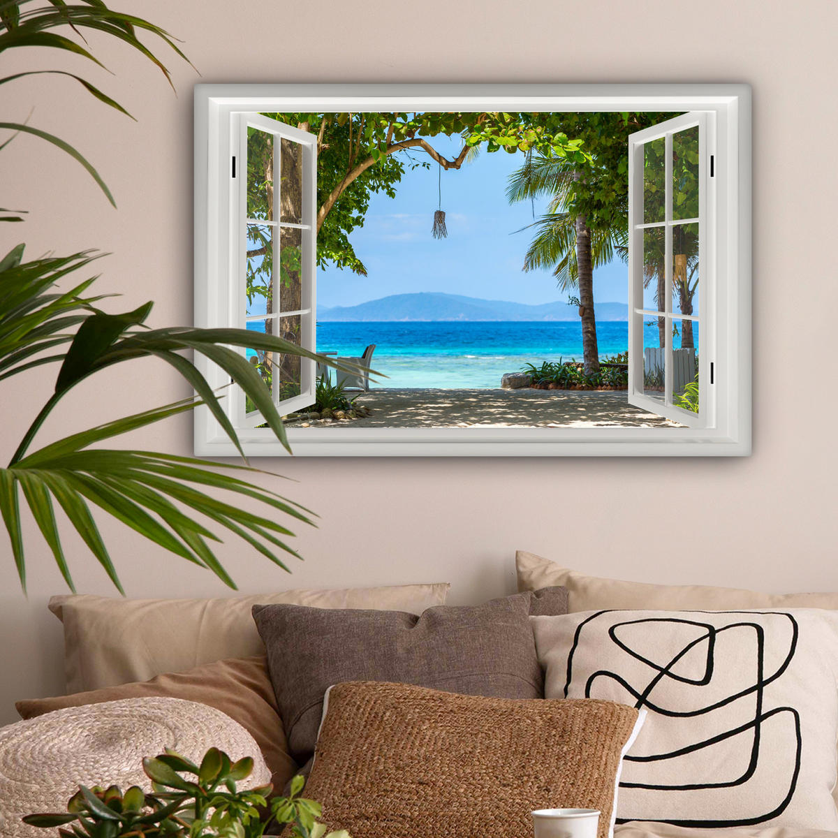 LEINWANDBILD Aussicht - Baum - Meer - Palme - Hügel - Strand - Blau Wanddeko 90x60 cm - Blau, Textil (90/60cm) - MuchoWow