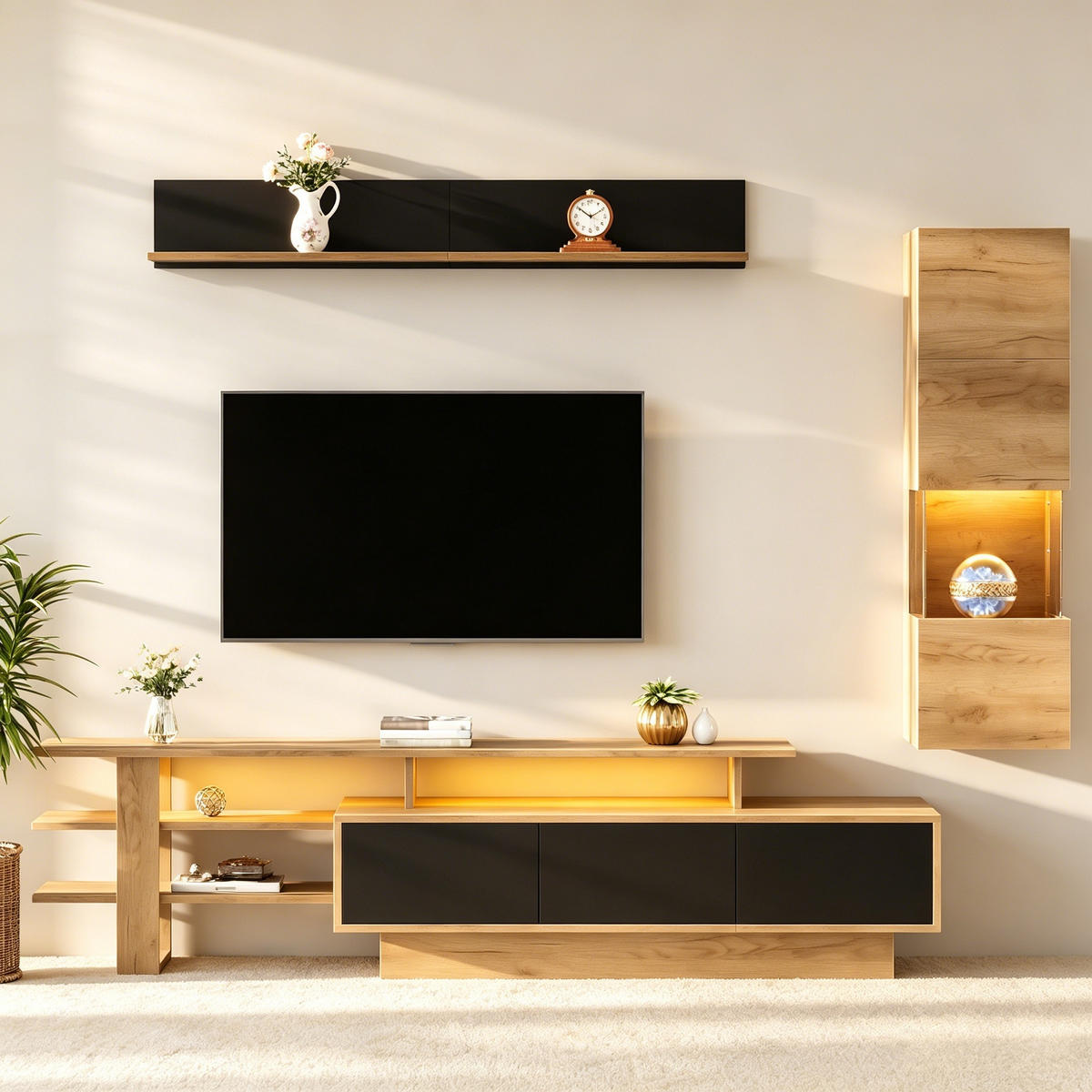WOHNWAND DE-40422 3-teilig mit LED und 3 Schubladen Naturholz - Naturfarben, Holzwerkstoff (180/45/40cm) - ComfortXL