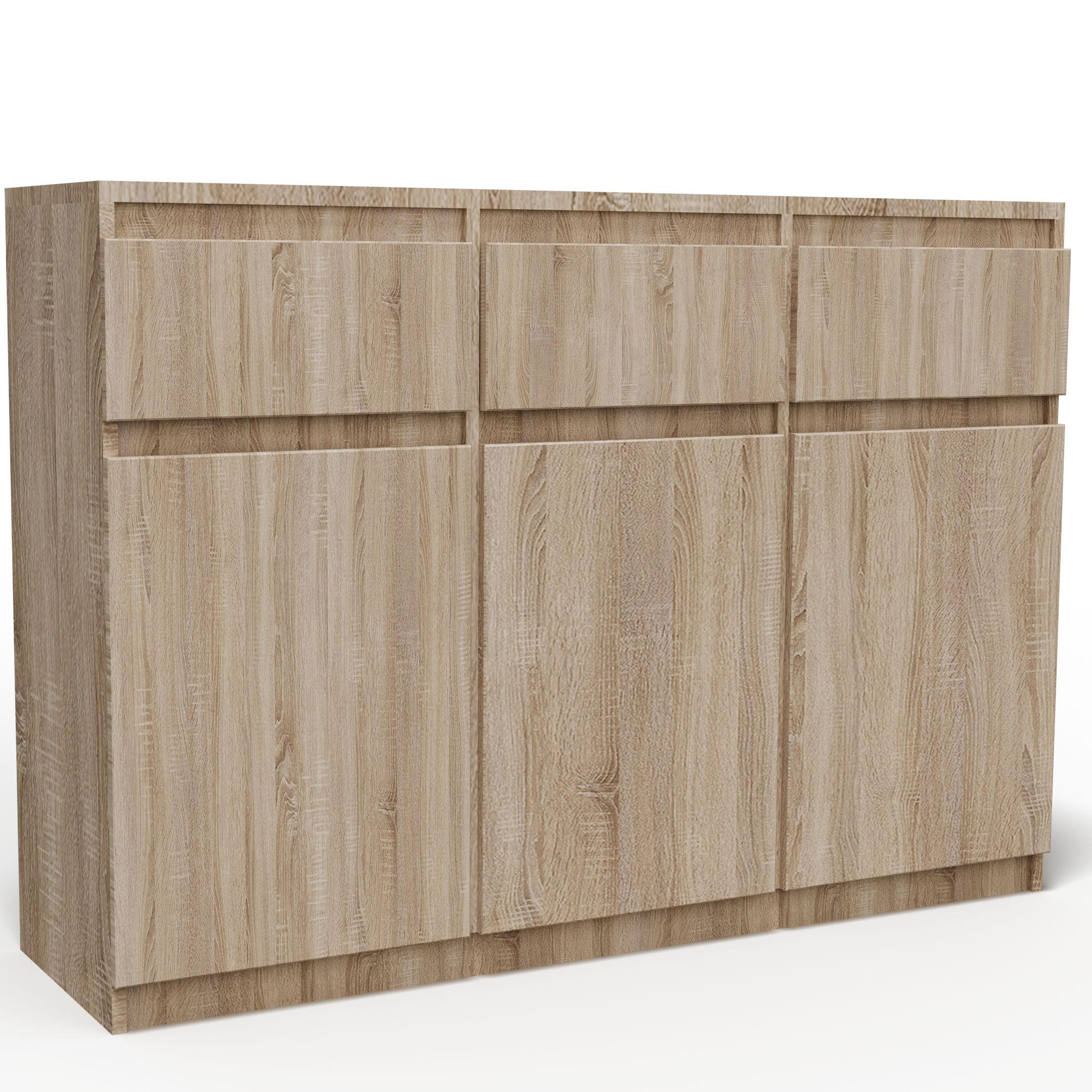 KOMMODE MERAVIGLIA 120/85/33 cm mit 3 Schubladen 3 Türen Sonoma Eiche - Sonoma Eiche, Holzwerkstoff (120/85/33cm) - MASSENO