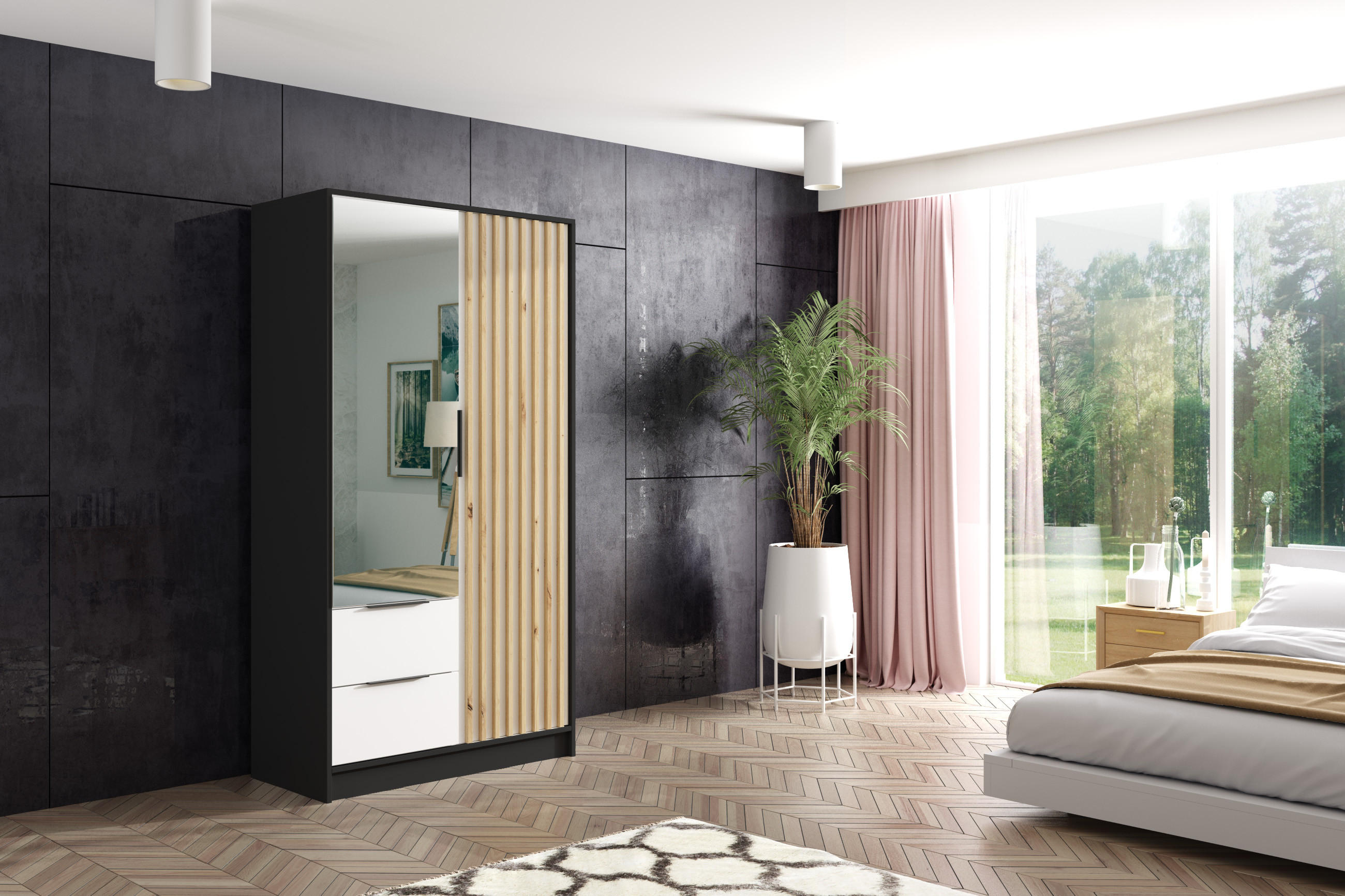 KLEIDERSCHRANK NERA - 120 cm - Schwarz|Weiß|Eiche Artisan - Schwarz/Weiß, Holzwerkstoff (102/200/51cm) - ALTDECOR