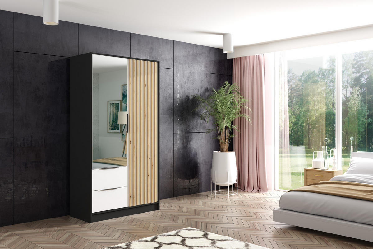 KLEIDERSCHRANK NERA - 120 cm - Schwarz|Weiß|Eiche Artisan - Schwarz/Weiß, Holzwerkstoff (102/200/51cm) - ALTDECOR