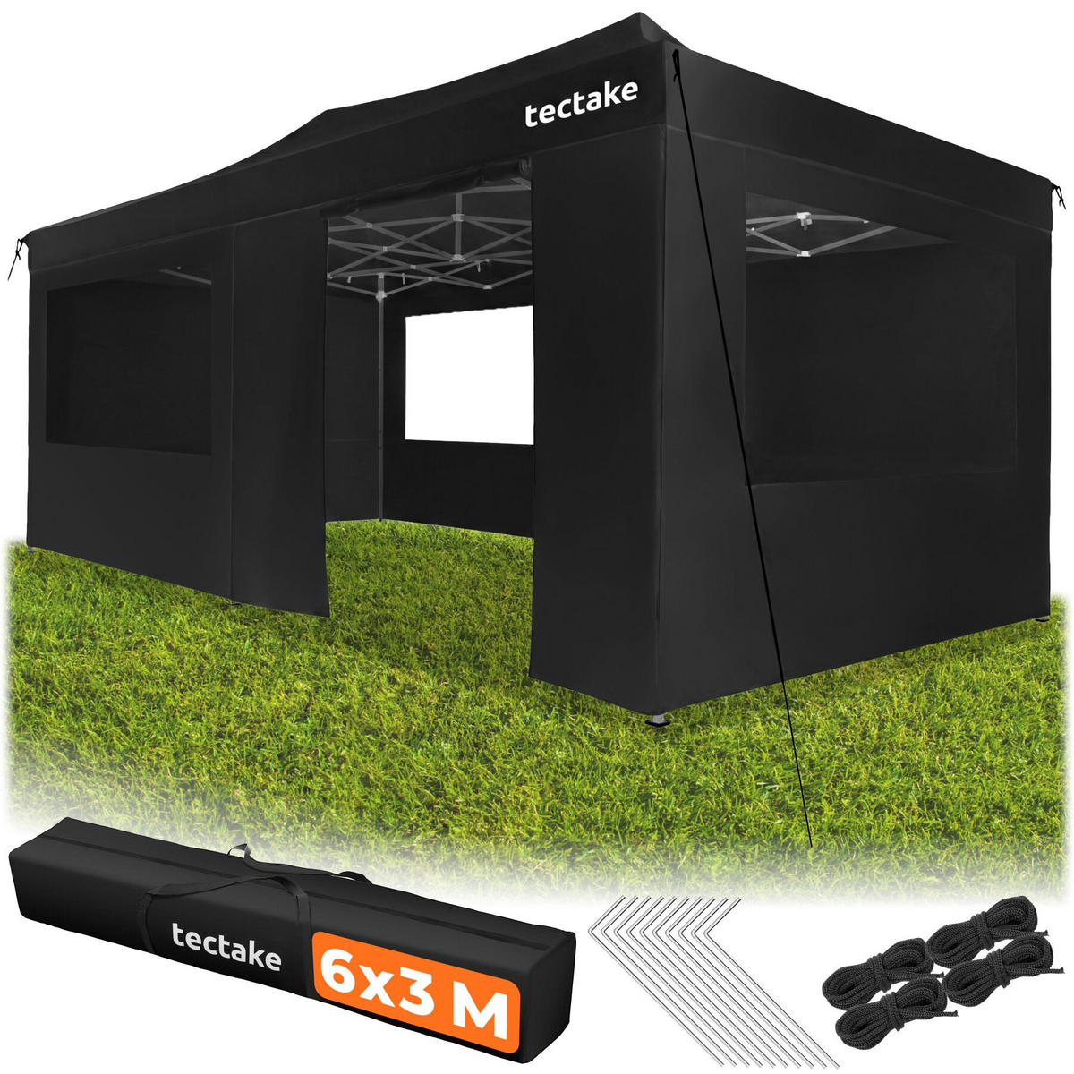 FALTPAVILLON aus Aluminium Viola, inklusive Spannseilen, Heringen und Tragetasche, schwarz - Schwarz, Kunststoff (300/316/600cm) - tectake