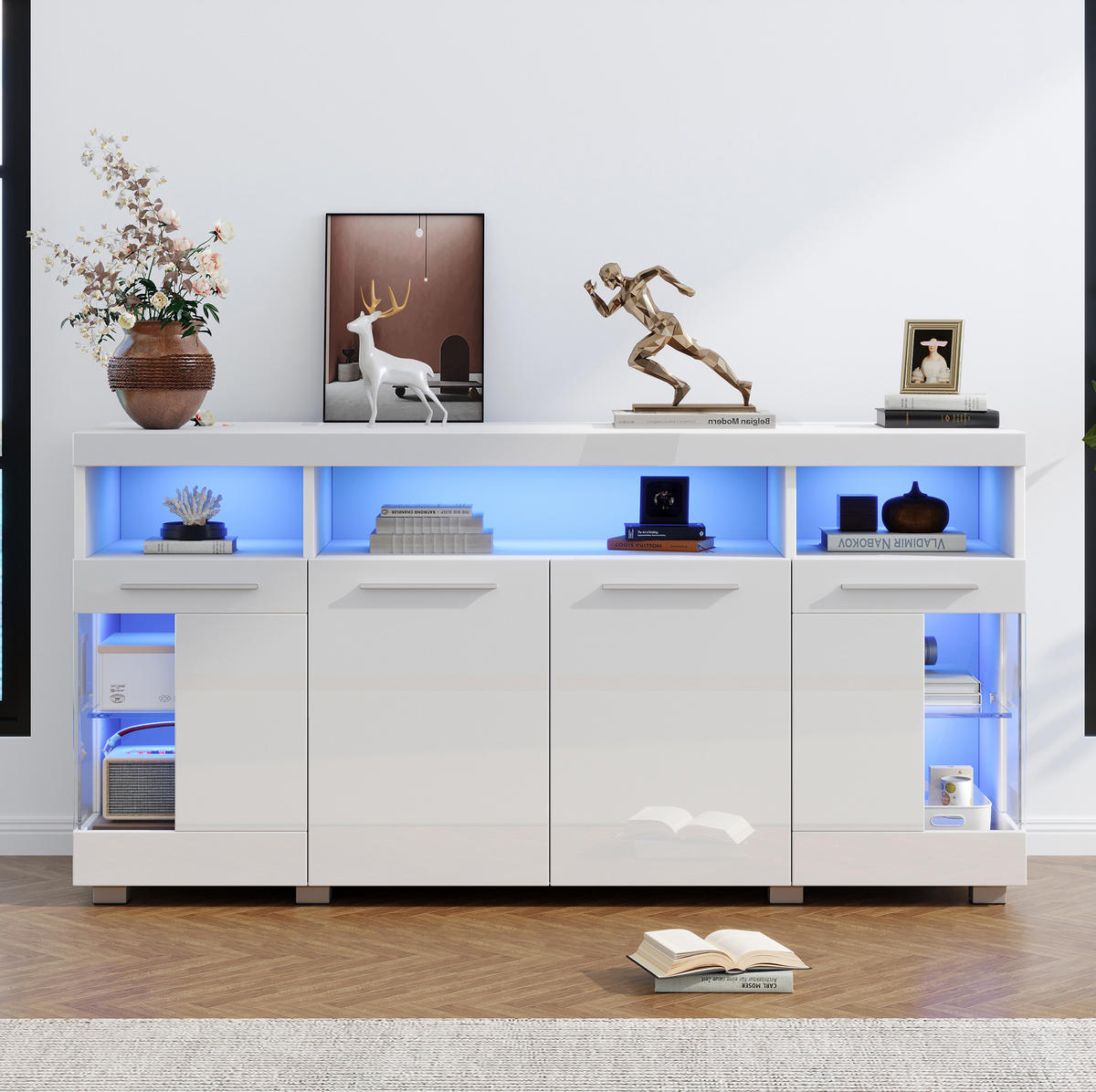 SIDEBOARD 140/40/70 cm in Weiß mit LED-Beleuchtung und Hartglastüren - Weiß, Holzwerkstoff (140/70/40cm) - Flora Grace