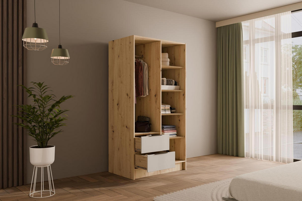 KLEIDERSCHRANK mit Flügeltüren KOLIN 100x200cm Artisan / Weiß - Eiche Artisan/Weiß, Holzwerkstoff (102/200/51cm) - ALTDECOR