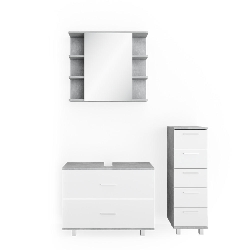 BADMÖBEL-SET Ilias Beton/Weiß 3 Teile, mit Unterschrank 80 cm - Weiß/Grau, Holzwerkstoff (80/60/33cm) - Vicco