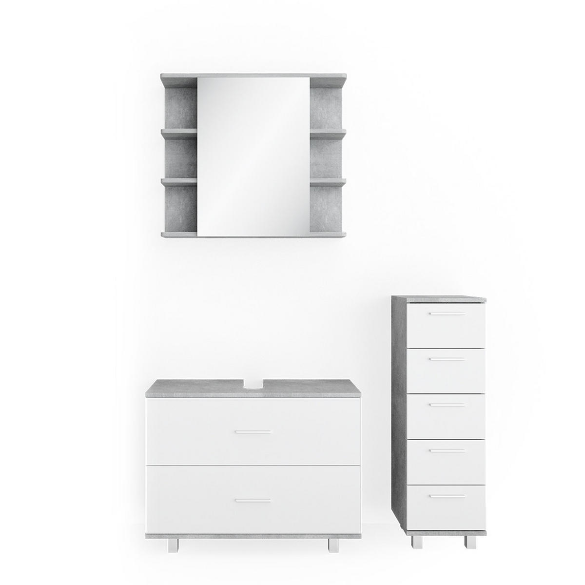 BADMÖBEL-SET Ilias Beton/Weiß 3 Teile, mit Unterschrank 80 cm - Weiß/Grau, Holzwerkstoff (80/60/33cm) - Vicco