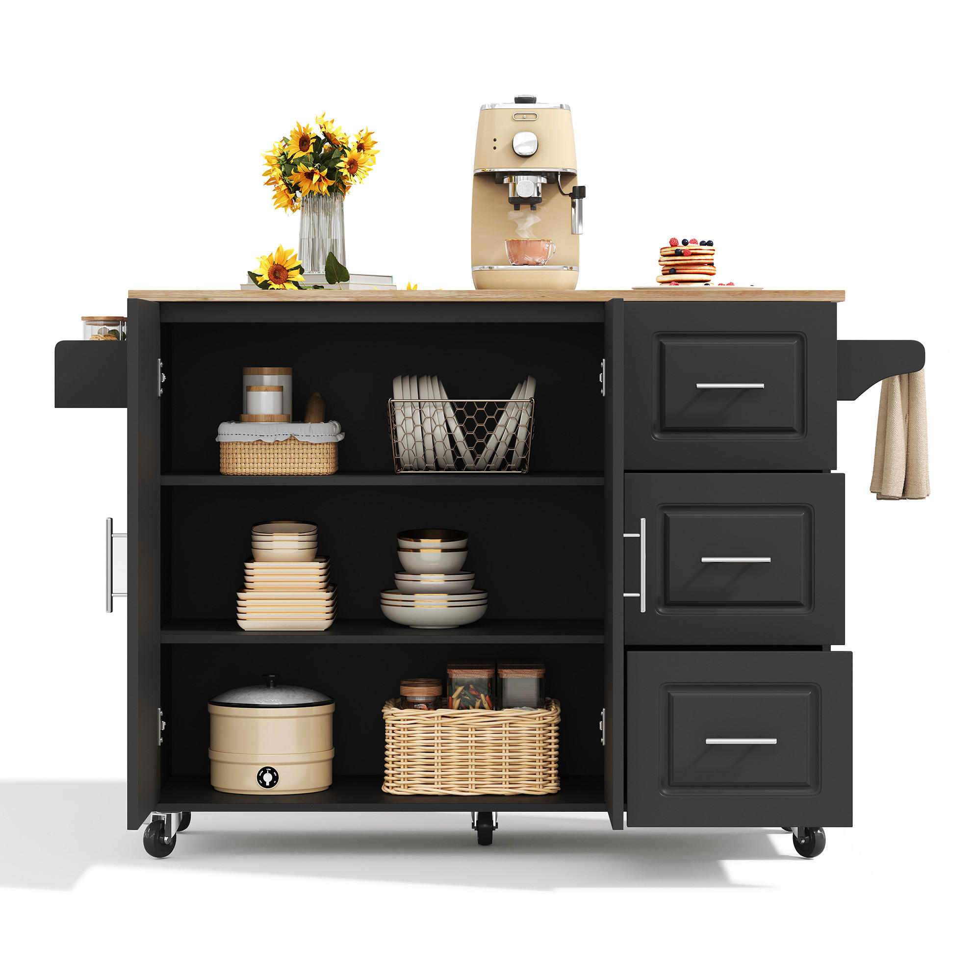 KÜCHENINSEL 137/43(76)/92 cm mit klappbarer Arbeitsplatte, 3 Schubladen und Rollen, MDF, Schwarz - Schwarz, Holzwerkstoff (137/92/76cm) - Redom