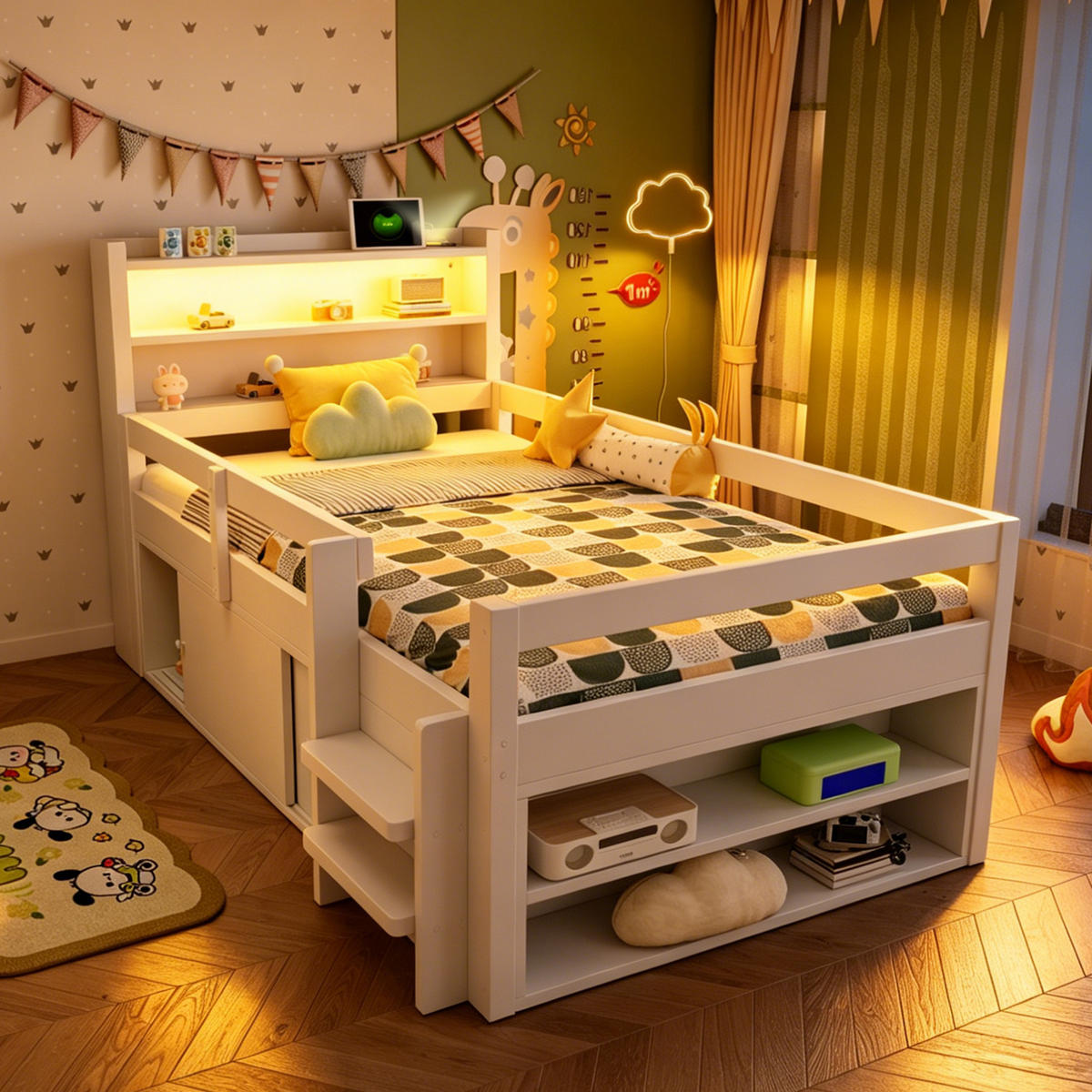 KINDERBETT 90/200 cm in Weiß Holz mit Stauraum, LED und USB - Weiß, Holz/Holzwerkstoff (90/200cm) - WISHDOR