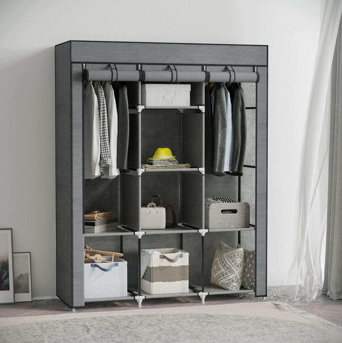 KLEIDERSCHRANK 125/43/162,5 cm dunkelgrau aus Stoff mit 2 Kleiderstangen und 8 Fächern - Dunkelgrau, Textil (43/162.5/125cm) - OKWISH