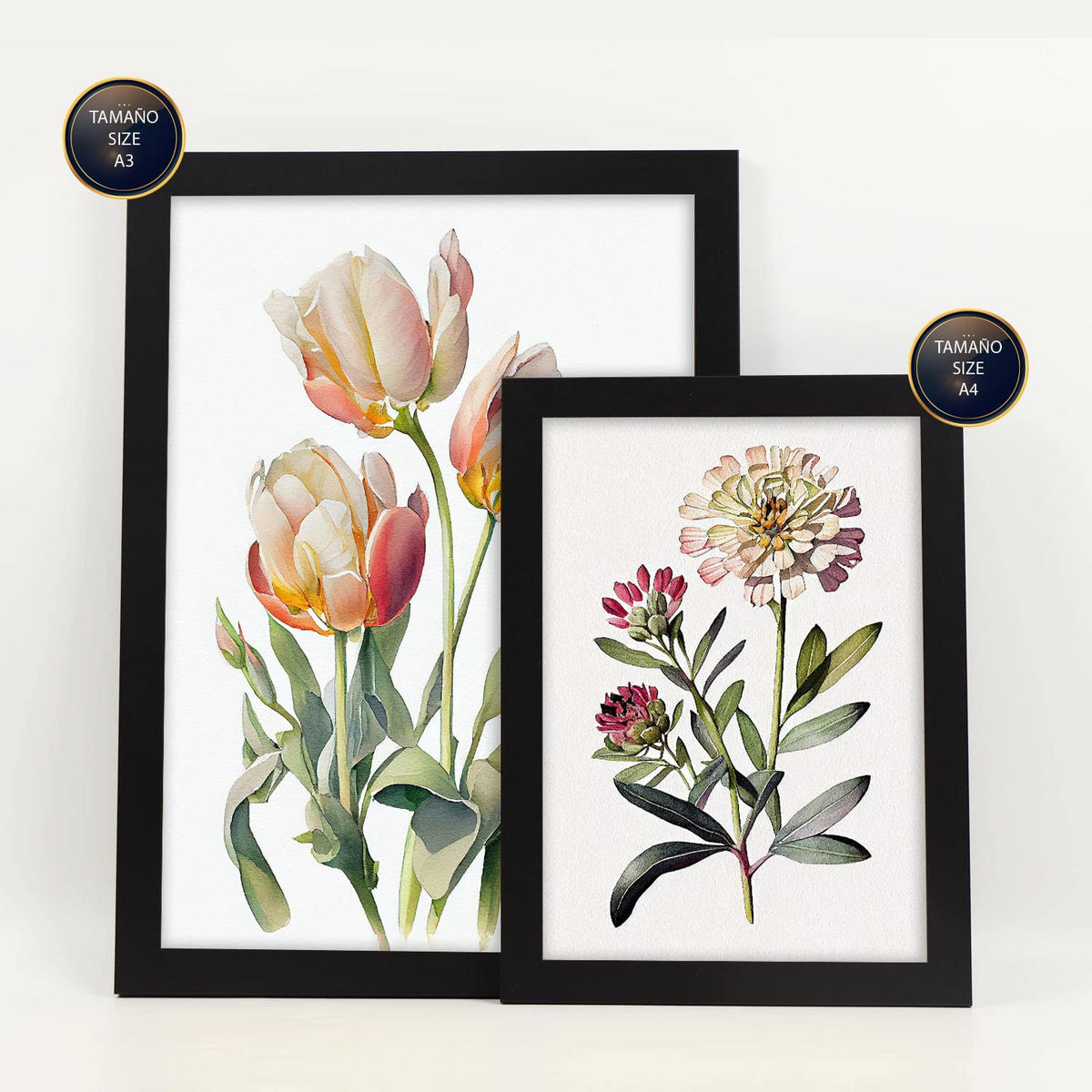 POSTER Set Mit 6 Pastellblume Größe A3 & A4 Schwarzer Rahmen - Schwarz, Papier (29.7/1cm) - Nacnic