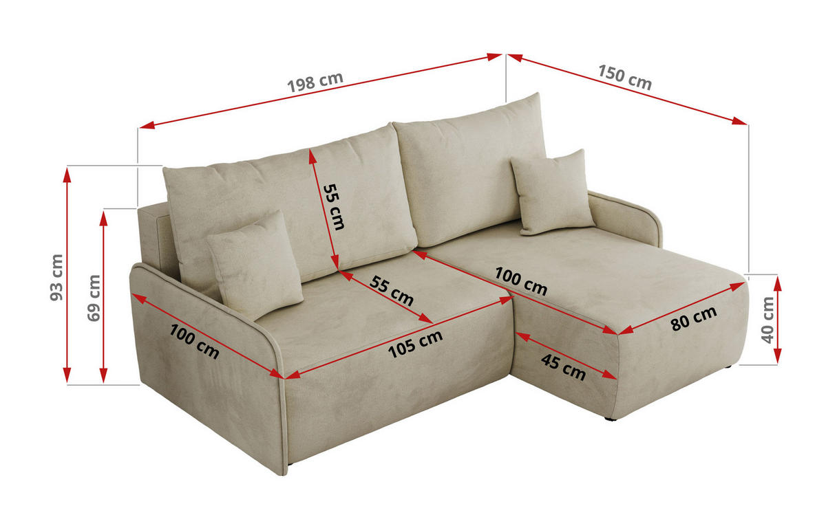 ECKSCHLAFSOFA ARPA L Beige Velvet - links - Beige/Schwarz, Kunststoff/Textil (198/150cm) - MKS