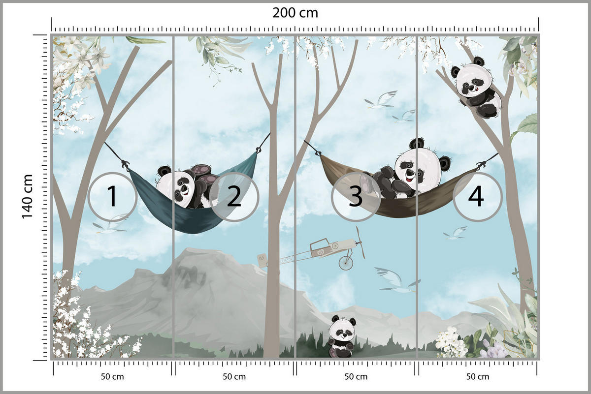 FOTOTAPETA Pre Detskú Izbu Pandy V Hojdacích Sieťach Rozprávkový Les Kvety Hory 200 x 140 cm - čierna/sivá, papier (200/140cm) - Muralo