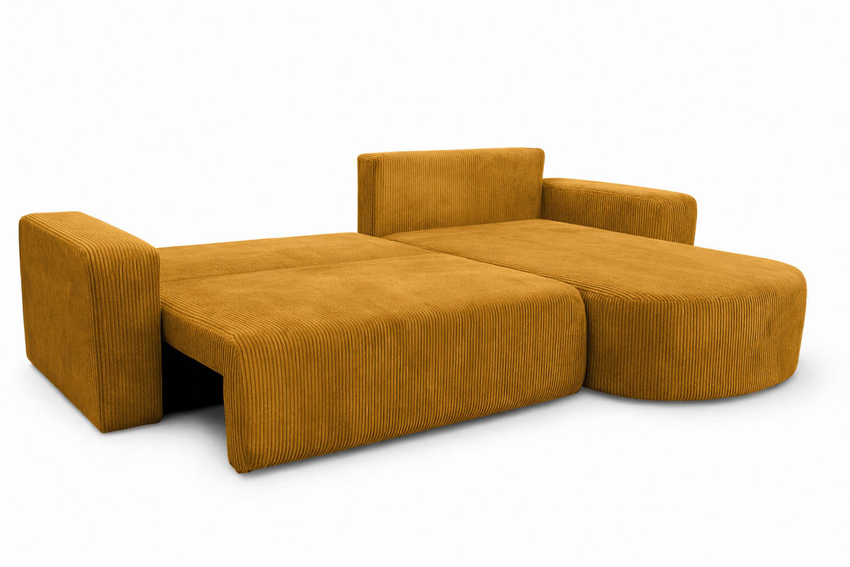 ECKSOFA Mit Schlaffunktion, Cordstoff Poso, Senffarbe, Rechts, ROUND ONE XL - Gelb, Holz (271/175cm) - Kaiser Möbel