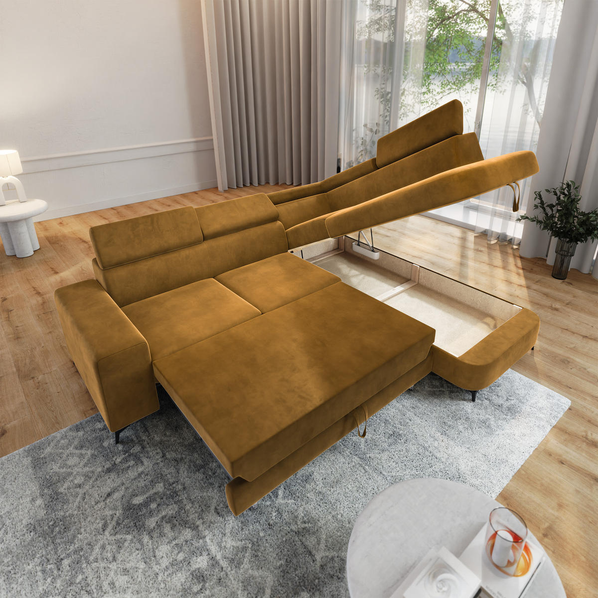 ECKSOFA ALVORO R-S Gelb Velours-Stoff mit Schlaffunktion - Gelb, Holz (253/190cm) - MASSENO