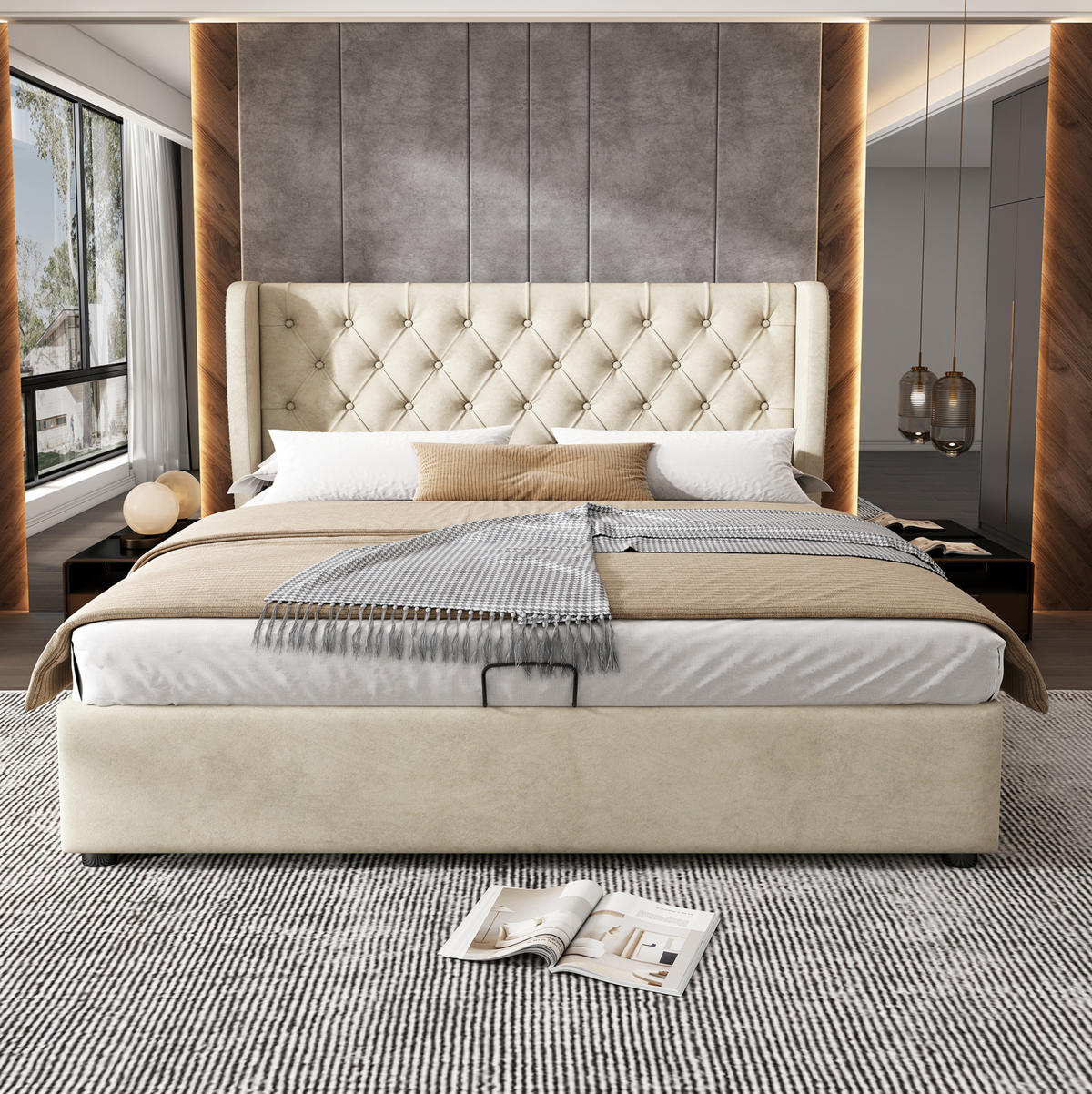 POLSTERBETT 140/200 cm mit hydraulischem Bettkasten, Lattenrost und Chesterfield-Kopfteil, Beige - Beige, Textil (140/200cm) - Redom