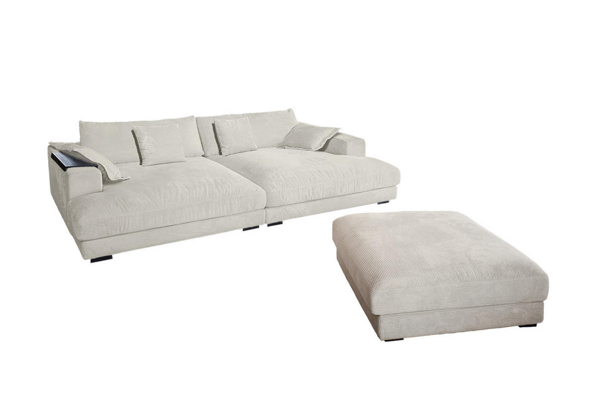BIG SOFA-SET MIT TABLETT SCHWARZ MADELINE Cremeweiß Cord - Creme/Schwarz, Kunststoff/Textil (290/85/170cm) - KAWOLA