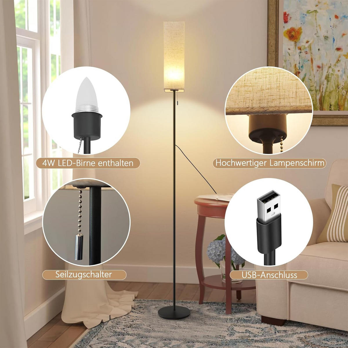 LED STEHLAMPE Hellan 10.5/10.5/151 cm - Schwarz, Textil/Metall (10.5/10.5/151cm) - ZMH