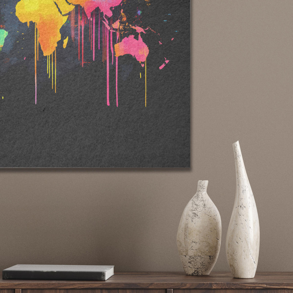 AKUSTIKBILD Weltkarte - Farbe - Bunt - Graffiti - Welt Wandbilder 60x60 cm - Multicolor, Kunststoff (60/60/0.9cm) - MuchoWow