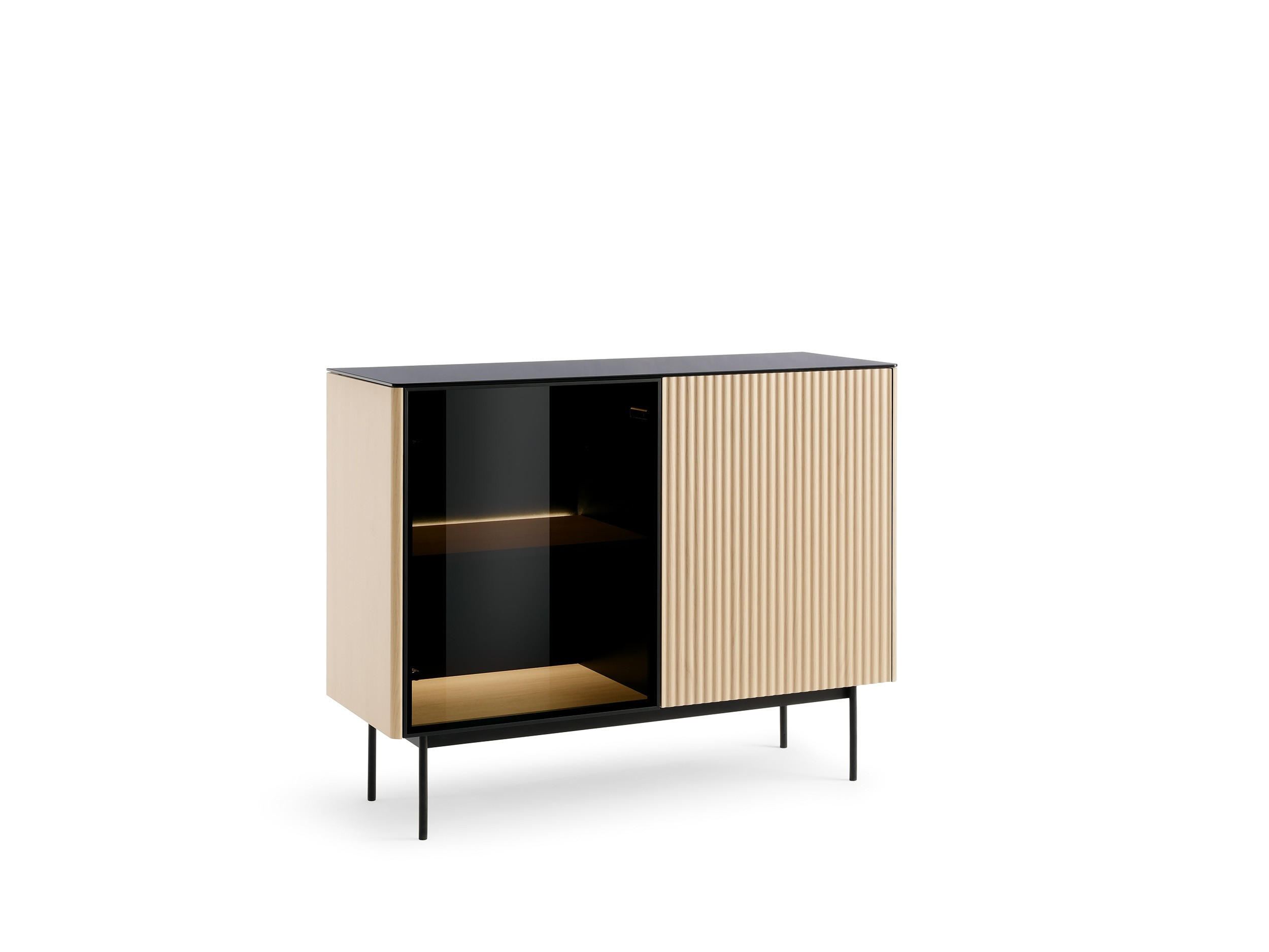 KOMMODE Rita Vincenza Eiche, zweitürige, verglaste Kommode mit LED beleuchtung - Eichefarben/Schwarz, Holzwerkstoff (107/84/39cm) - Bettso