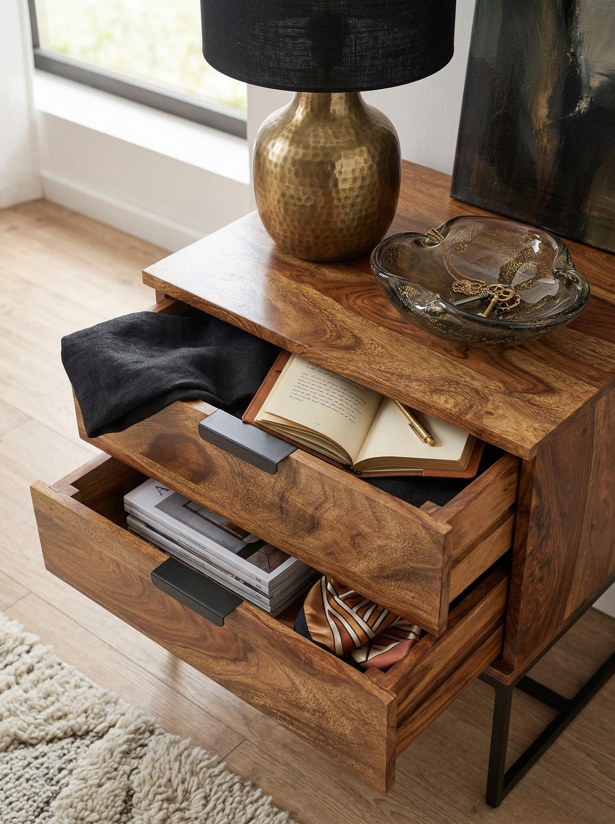 NACHTTISCH – Massivholz/Eisen, 50x40x51 cm, 2 Schubladen, Industrial-Stil - Schwarz/Braun, Holz/Metall (50/51/40cm) - KADIMA DESIGN