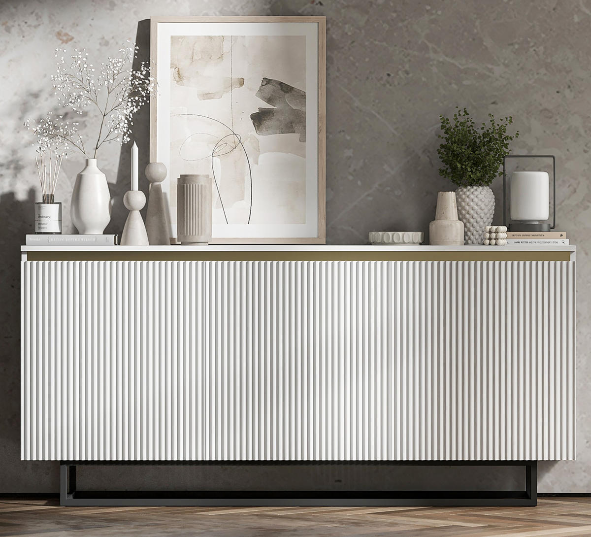 SIDEBOARD Selene 3D Weiß Matt mit metallrahmen Glamour 167 cm - Schwarz/Weiß, Holzwerkstoff/Metall (167/79/35cm) - Meble Lindner