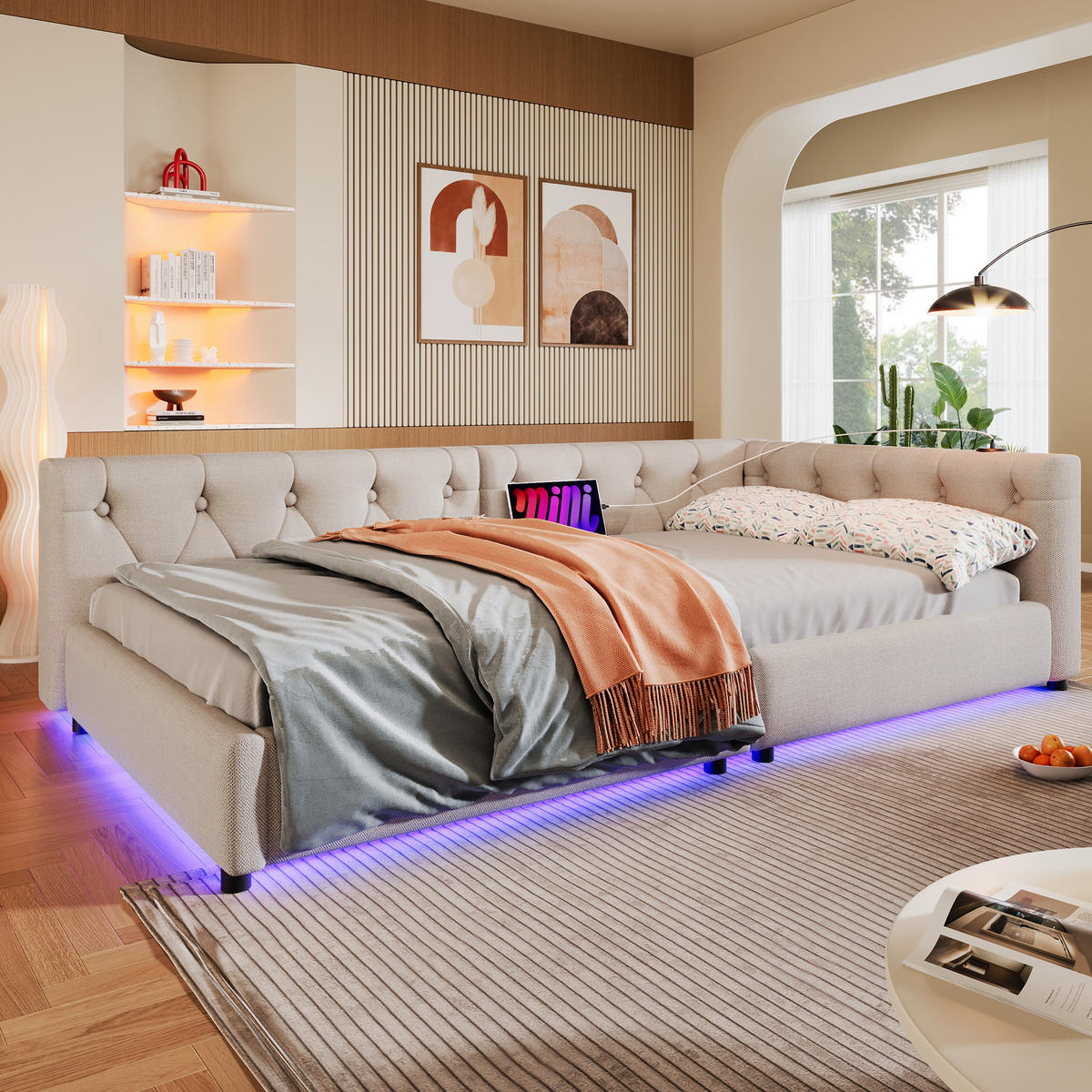 DENNÁ posteľ z ľanu a MDF 90x200 cm béžová s LED osvetlením, USB a USB-C portom - béžová, textil (90/200cm) - Modfu