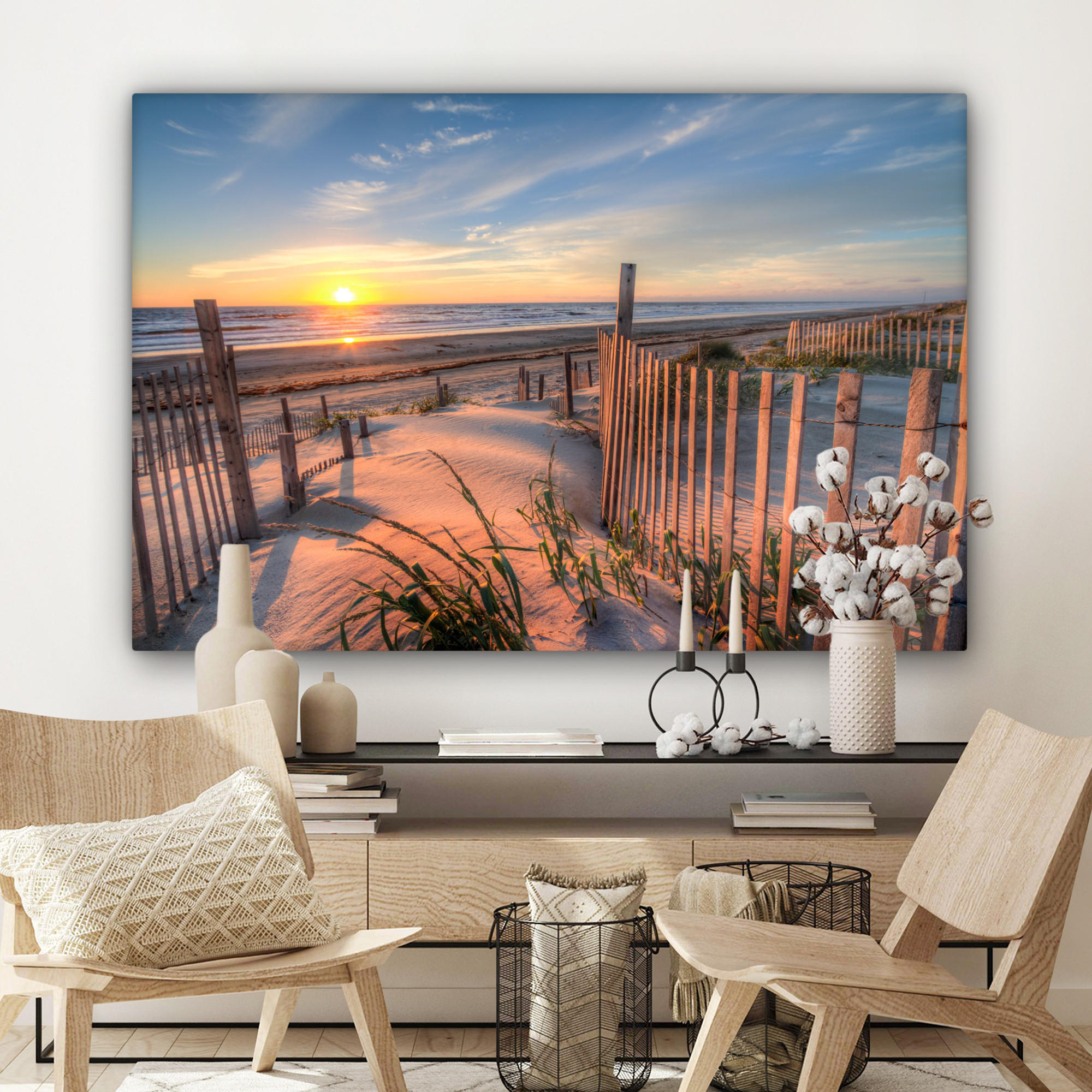 LEINWANDBILD Strand - Meer - Düne - Sonnenuntergang - Landschaft XXL 150x100 cm - Beige, Textil (150/100cm) - MuchoWow