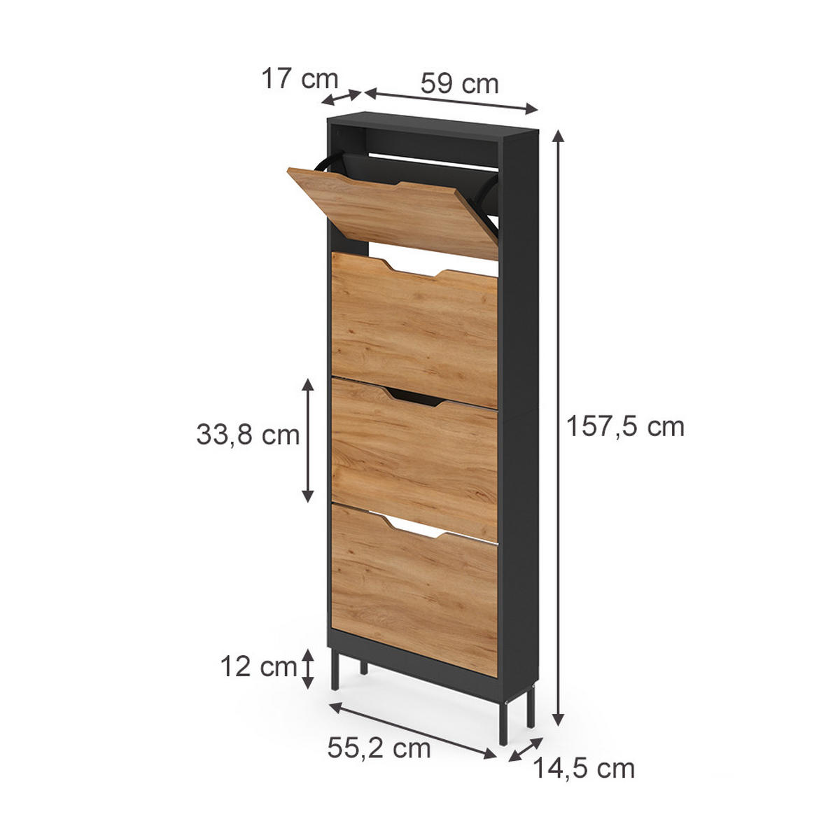 SCHUHKIPPER Luca, Anthrazit/Goldkraft Eiche, 59 x 157.5 cm mit 4 Kippfächern - Honigeiche/Anthrazit, Holzwerkstoff (59/157.5/17cm) - Vicco