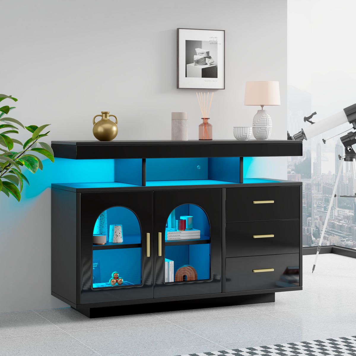 SIDEBOARD z dřevotřísky, 120/40/80 cm černý, vysoký lesk s LED osvětlením - černá, kompozitní dřevo (120/80/40cm) - BEAOK