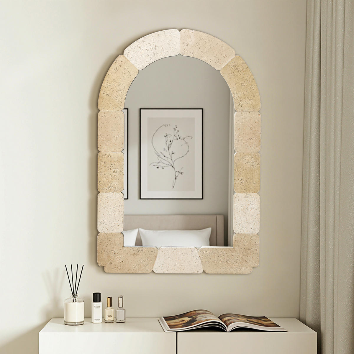 78CM H Bogenförmiger Wandspiegel, Geeignet für Wohnzimmer, Schlafzimmer, Badezimmer und Flur Boho-Stil MDF-Material - Beige/Hellgelb, Holz/Kunststoff (78/3/52cm) - Hometopia