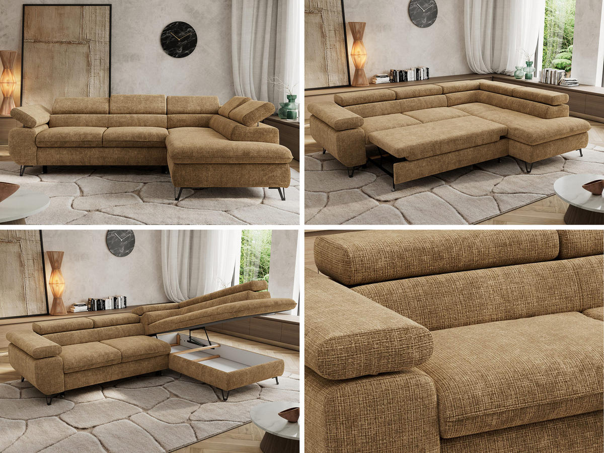 ECKSOFA PABLO L Hellbraun Schenille grob gewebt - Rechts Seite - Hellbraun/Schwarz, Textil/Metall (273/208cm) - MKS