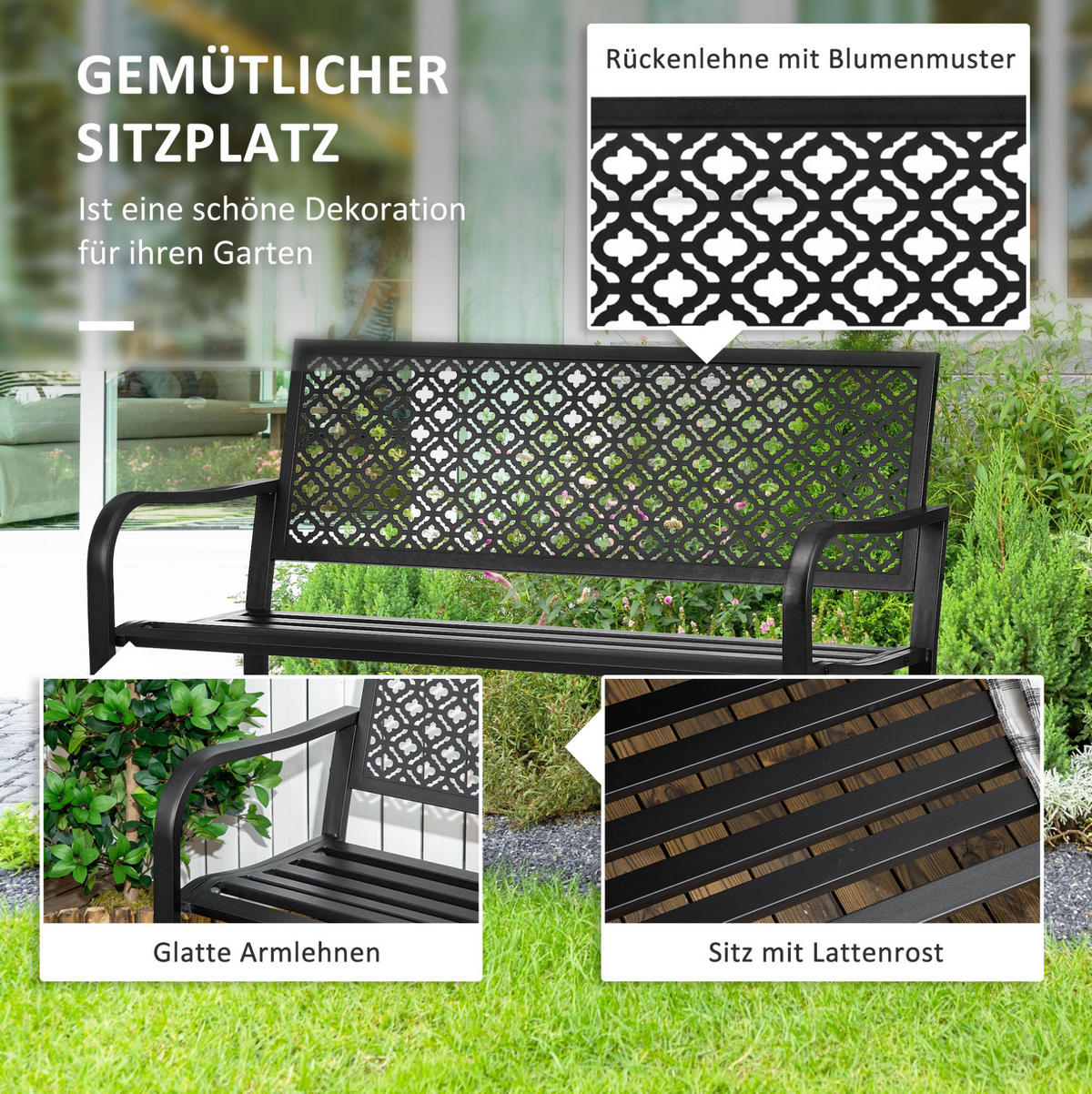 ZAHRADNÍ lavice 127/63/83 cm černá z oceli s opěradlem a područkami pro 2 osoby - černá, kov (63/83/127cm) - OKWISH