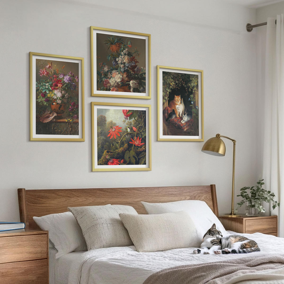 BILDER SET 4er Set - 50x50 cm & 40x60 cm Goldrahmen - Vintage-Blumen, Katzen, Pflanzen - Goldfarben, Kunststoff (50/50cm) - TULUP