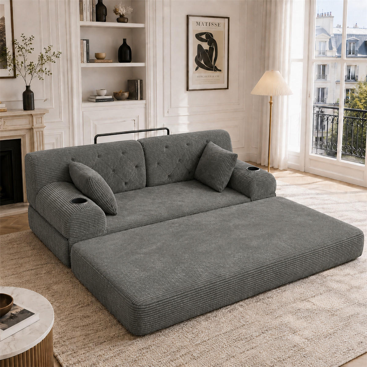 SCHLAFSOFA 2-Sitzer Cord Schlafcouch mit Stauraumtaschen, Grau - Grau, Textil (168/81/80cm) - Kaket