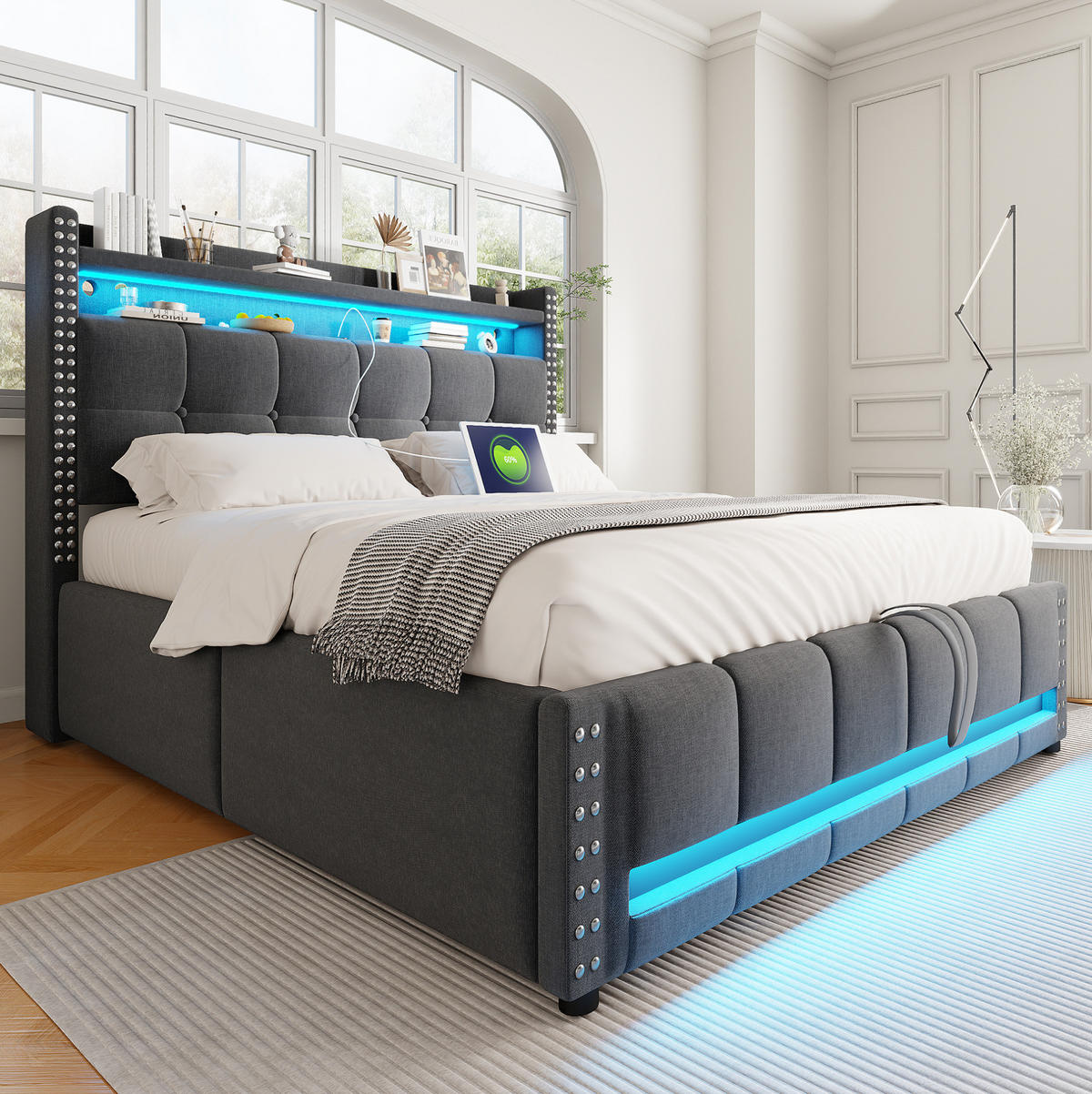 POLSTERBETT 140/200 cm mit Bettkasten, LED-Beleuchtung und USB-Anschluss - Grau, Textil (140/200cm) - BEAOK