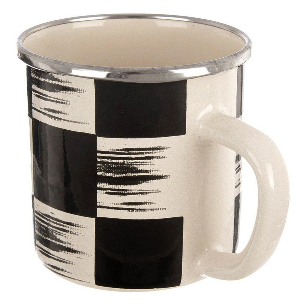 EMAILLETASSE SCHACHBRETT, Emaille, beige/schwarz, 400 ml - Silberfarben, Naturmaterialien (0.4L) - Orion 