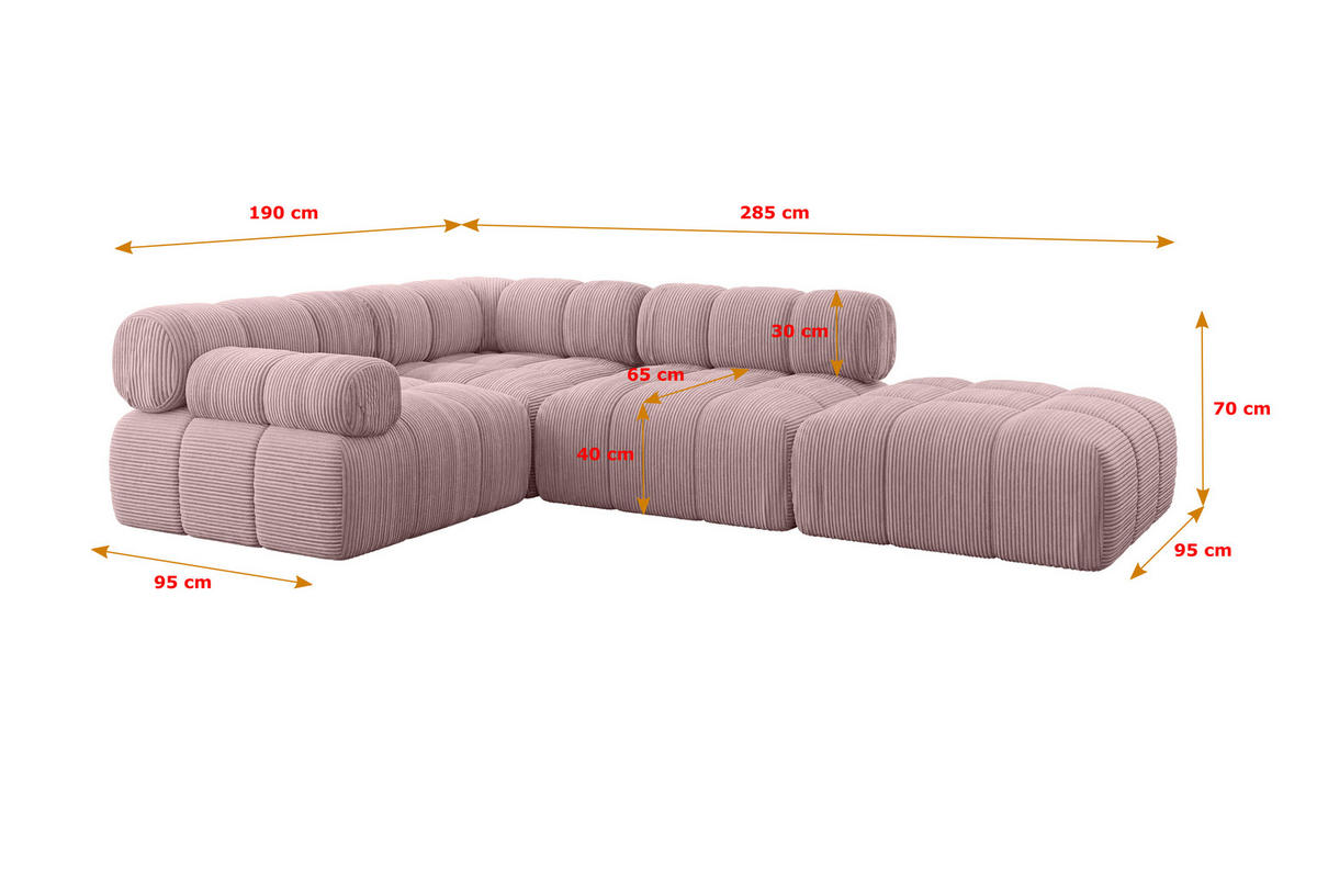 ECKSOFA modulares Sofa Felto-L1 - 285x190x70 cm Rosa Cord - Rosa, Holzwerkstoff/Textil (285/190cm) - ALTDECOR