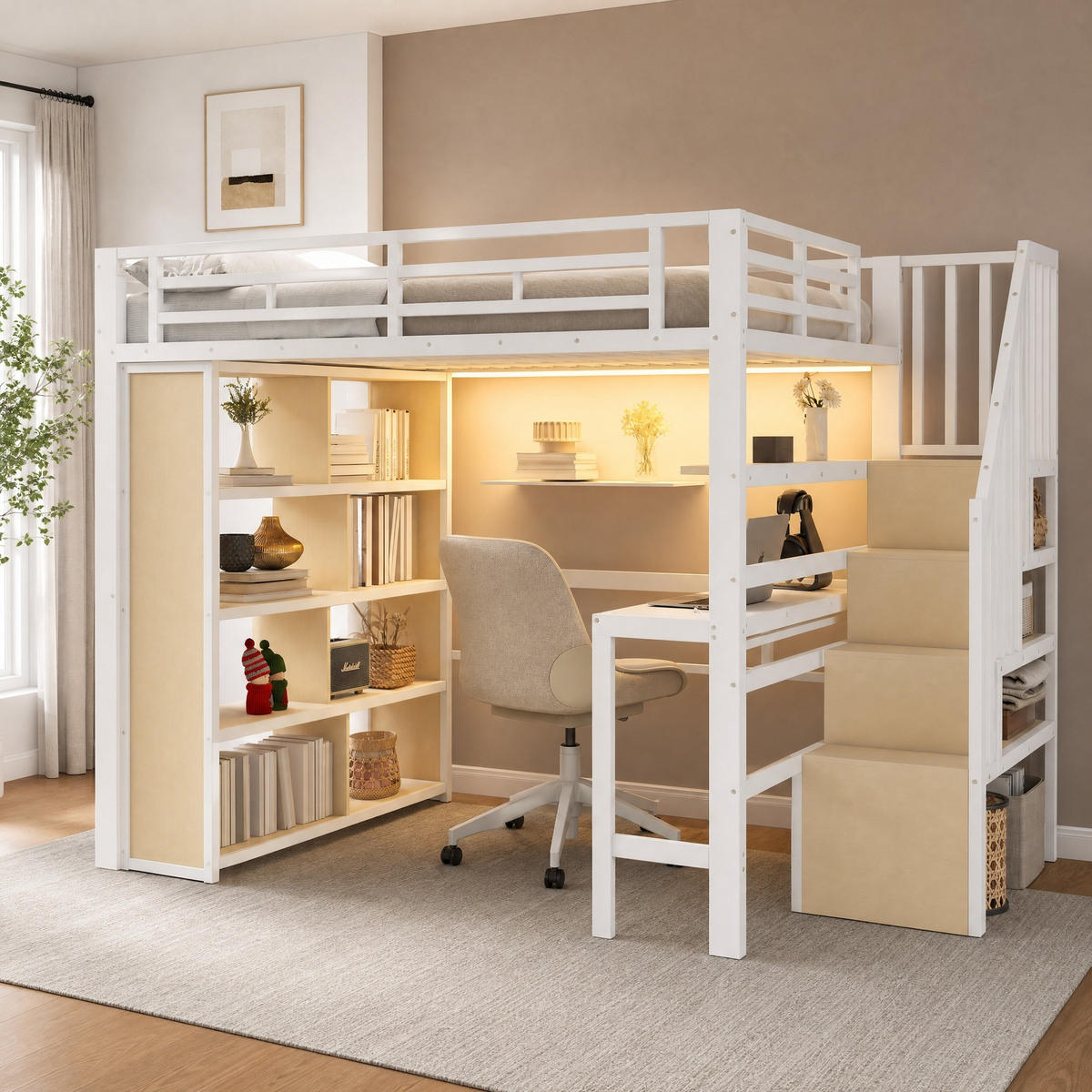 HOCHBETT 140/200 mit LED Schreibtisch und Stauraumtreppe in Weiß - Weiß, Holzwerkstoff/Metall (140/200cm) - EVRYAE
