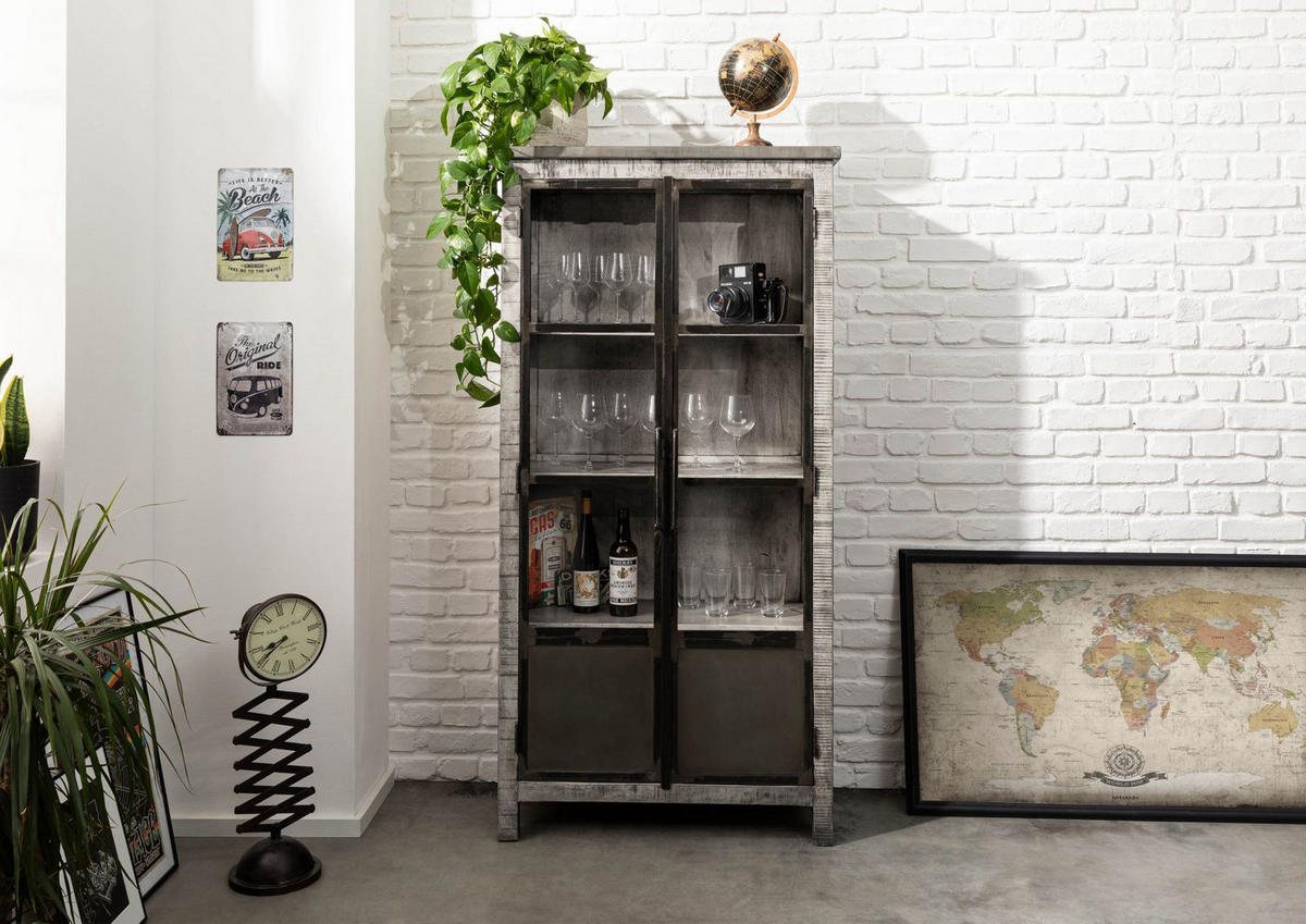 VITRINE Mango 90x40x180 grau lackiert HEAVY INDUSTRY #141 - Grau, Holz (90/180/40cm) - Massivmoebel24