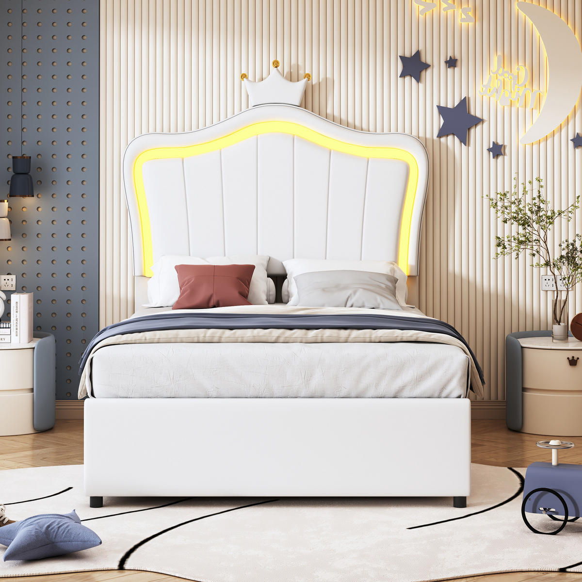 KINDEREINZELBETTEN aus Kunstleder 90x200 cm in Weiß mit LED-Beleuchtung - Weiß, Leder (90/200cm) - Modfu