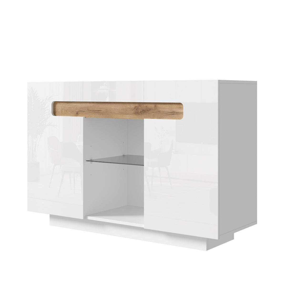 SIDEBOARD in Weiß Mehrzweckschrank mit Schublade und LED, hochglänzende Fronten, B120/T40/H80 cm, für Wohn- und Küche - Weiß, Glas/Holzwerkstoff (120/80/40cm) - STILVORA