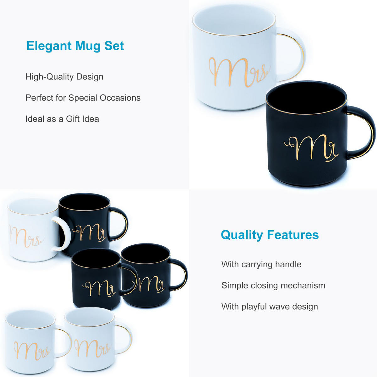 KAFFEETASSE mit Goldrand und Aufschrift Mrs & Mr 300 ml (2-tlg.) - Schwarz, Keramik (0.3L) - Intirilife