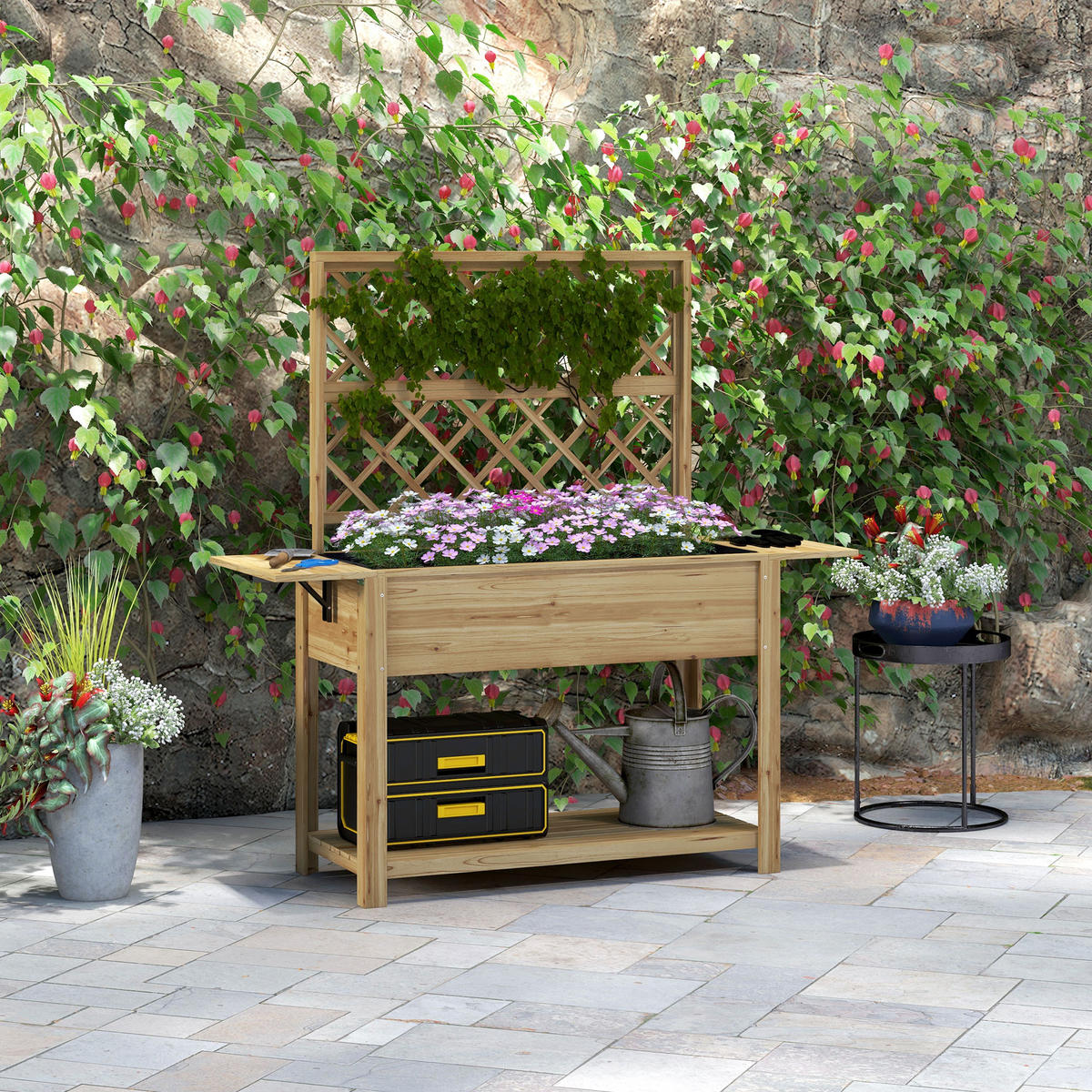 HOCHBEET DE-15996 140/45/151 cm, mit Spalier und Klapptischen Holz - Naturfarben, Holzwerkstoff (140/151/45cm) - ComfortXL