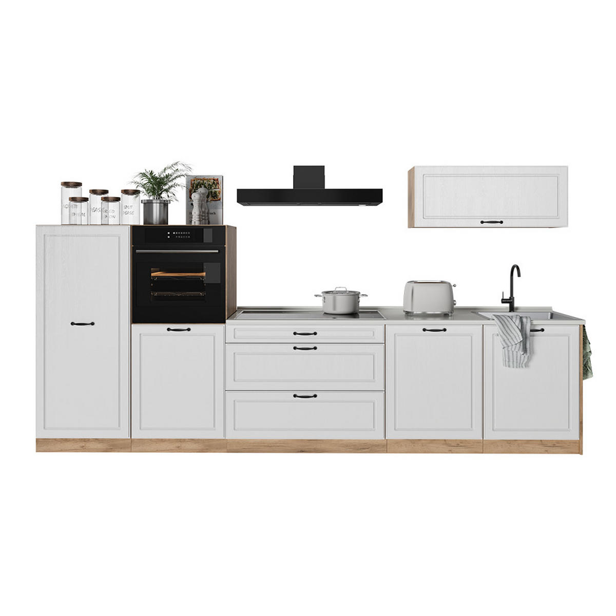 KUCHYNKA R-Line, Biely vidiecky dom/Dub Goldkraft, 340 cm bez pracovnej dosky - biela/farba duba, kompozitné drevo (340/143/46cm) - Vicco
