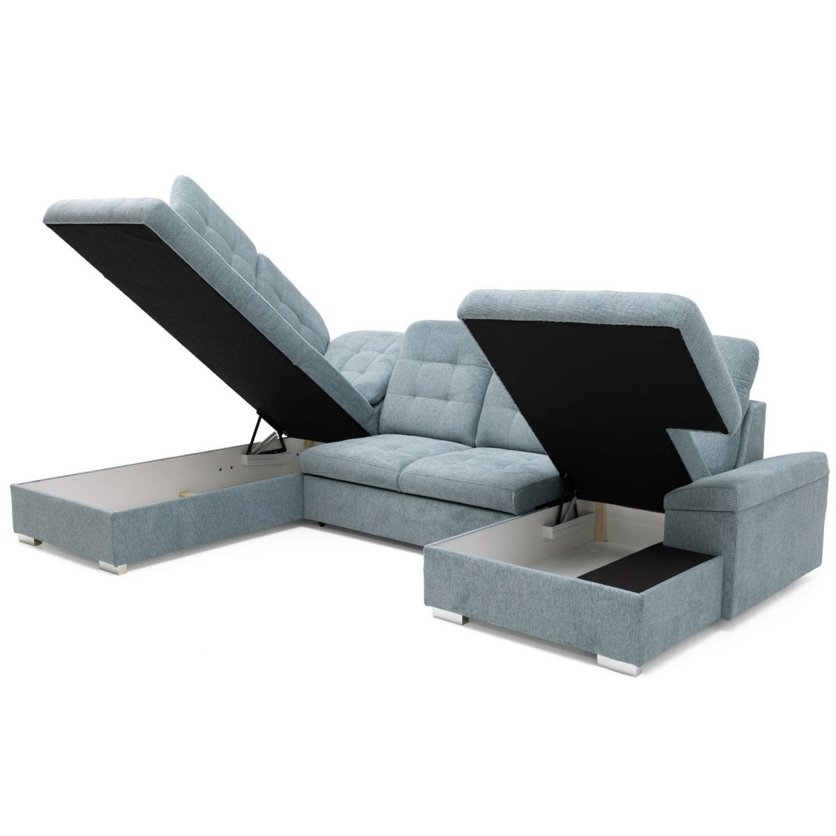 ECKSOFA U-Form OLIVIA U Links mit Schlaffunktion 124x257 Velours Blaugrau - Silberfarben/Blaugrau, Holz/Kunststoff (320/103/202cm) - Muffo