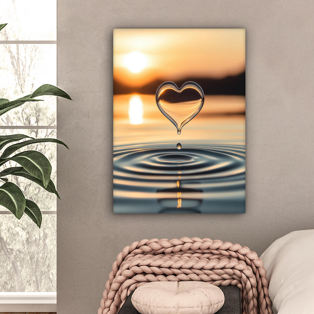 LEINWANDBILD - Herz - Wasser - Sonnenuntergang - Natur - Zen - 60x80 - Gemälde - Bernsteinfarben, Textil (60/80cm) - MuchoWow