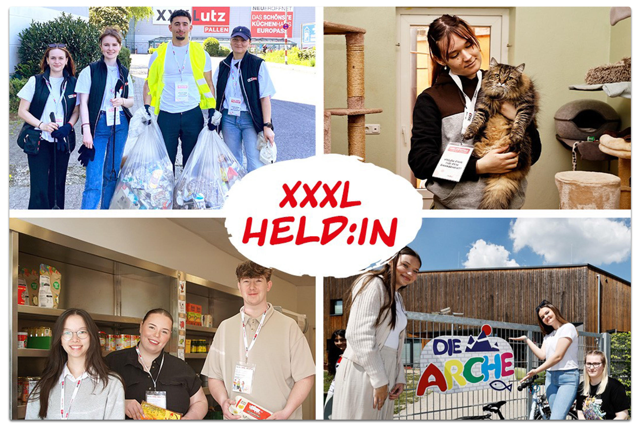 Collage von jungen Helfer:innen bei gemeinnützigen Aktionen im Rahmen der XXXLutz „XXXL HELD:IN“-Initiative.