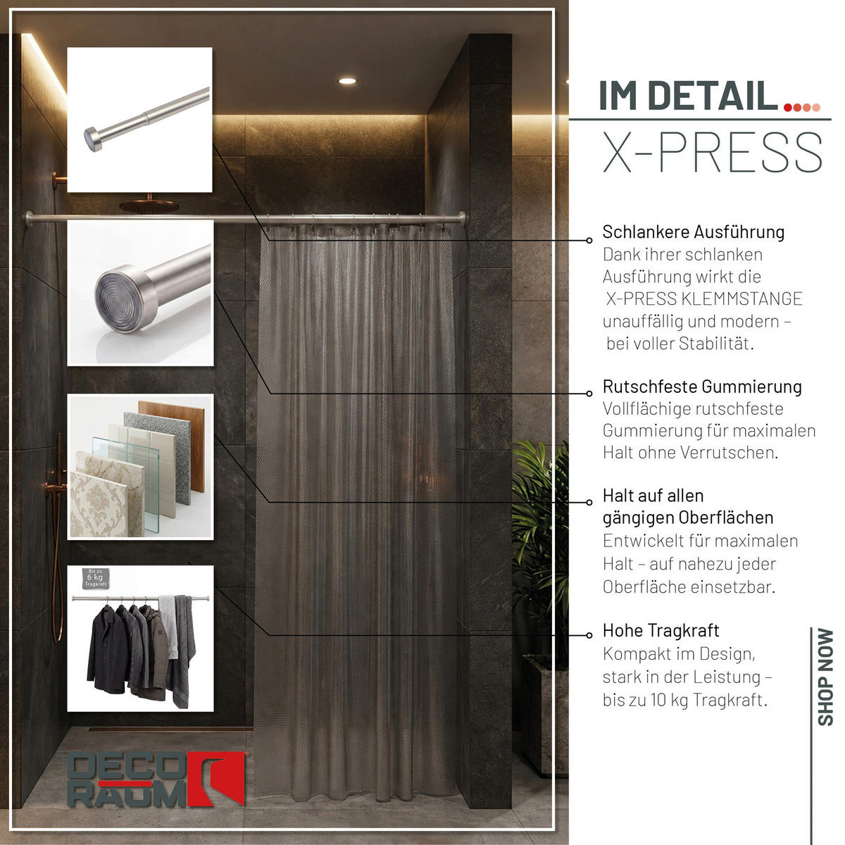 DUSCHVORHANGSTANGE ohne Bohren ausdrehbare Teleskop-Klemmstange aus Metall 125-220cm - Silberfarben, Metall (125cm) - Deco-Raum